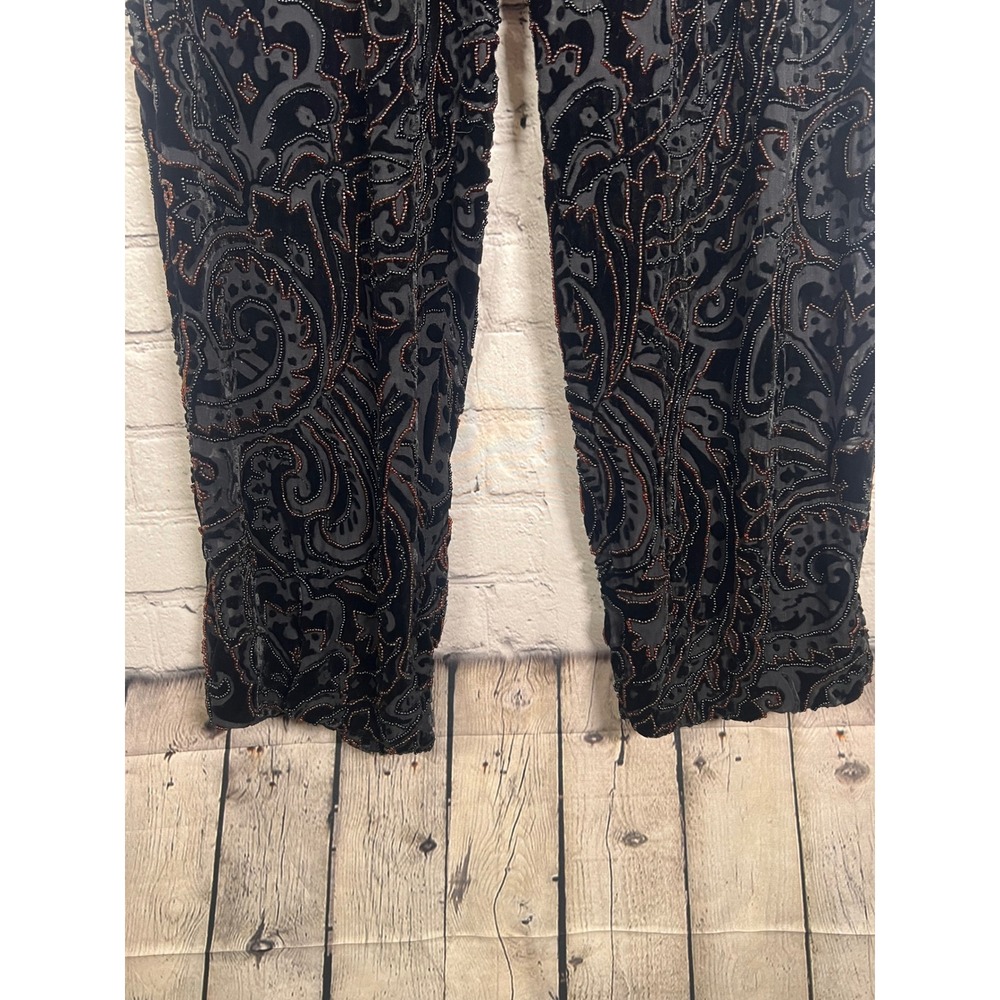 Carmen Marc Valvo Silk Velvet Paisley Beaded Sheer Pants Black Copper Size 8 - Picture 3 of 7